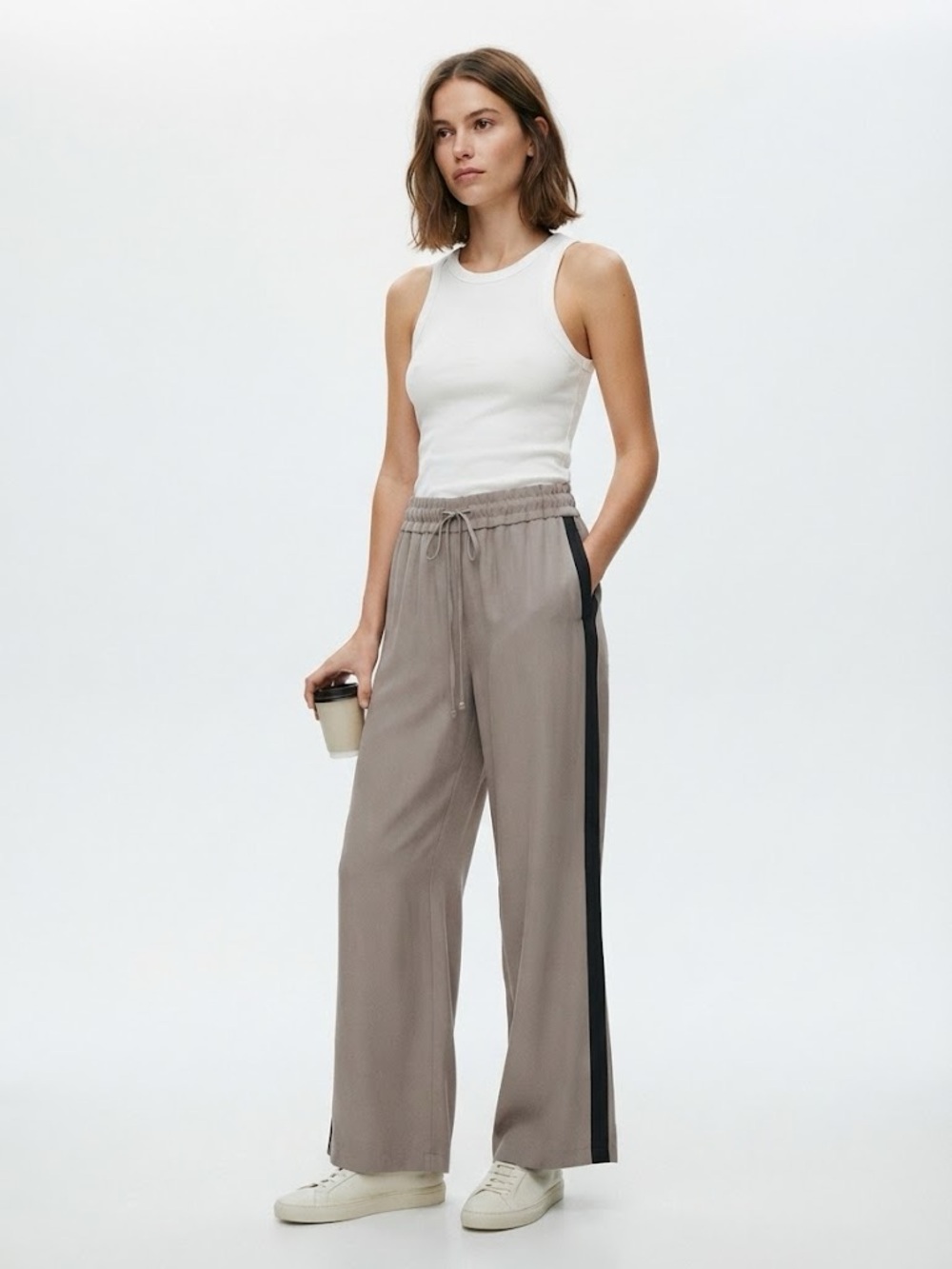 Simply Vera Wang Taupe Gray Drawstring Pants with Black Side Stripes